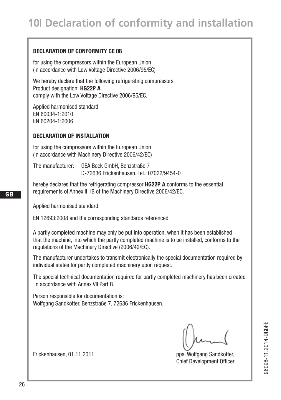 10 | declaration of conformity and installation | GEA Bock HG22P A User Manual | Page 26 / 28