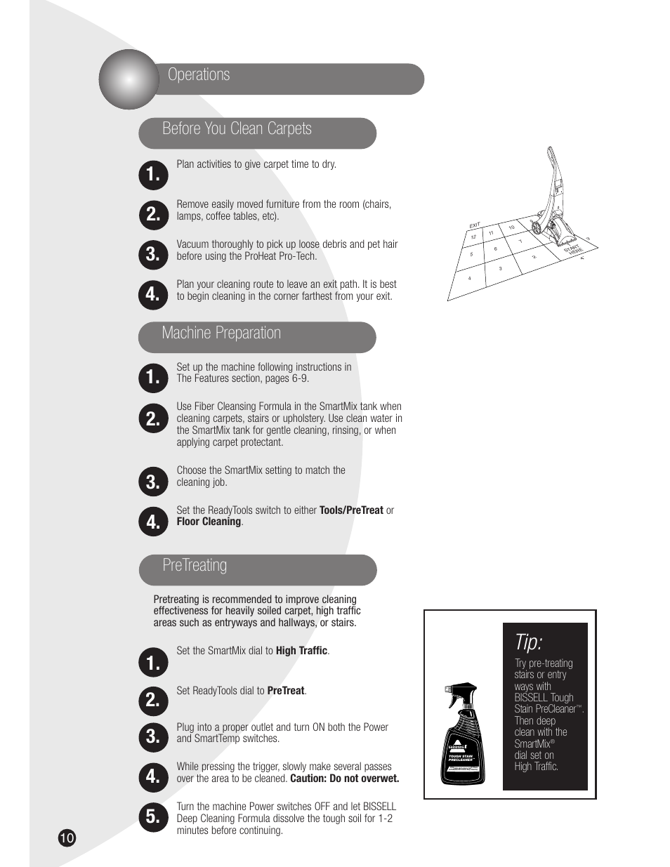 Operations, Machine preparation pretreating, Before you clean carpets | Bissell 8915 User Manual | Page 10 / 24