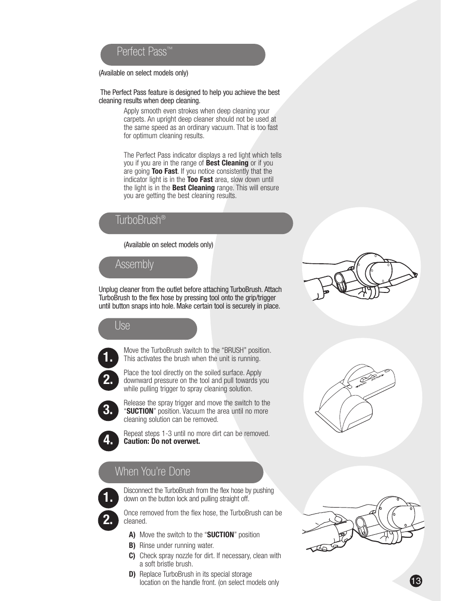 Turbobrush, Assembly use when you’re done, Perfect pass | Bissell 8915 User Manual | Page 13 / 24