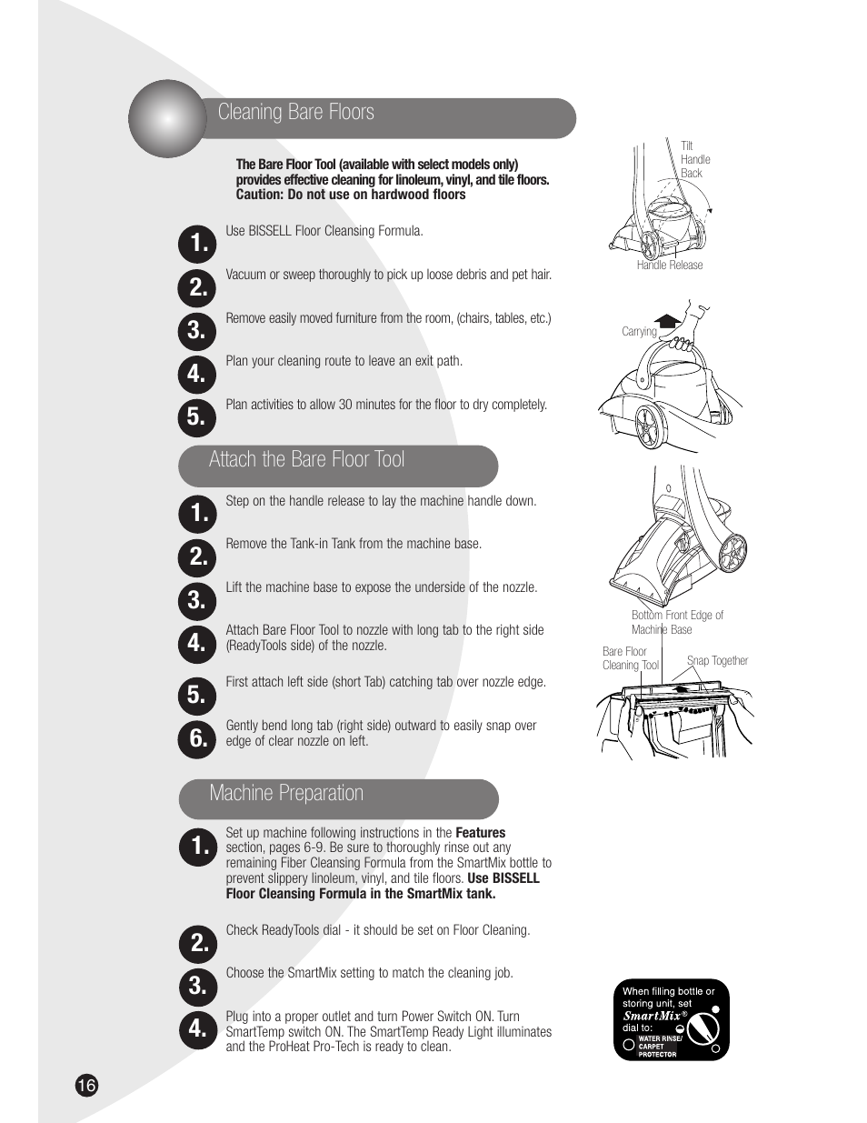 Machine preparation, Cleaning bare floors attach the bare floor tool | Bissell 8915 User Manual | Page 16 / 24