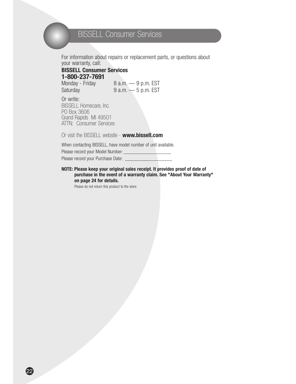 Bissell consumer services | Bissell 8915 User Manual | Page 22 / 24