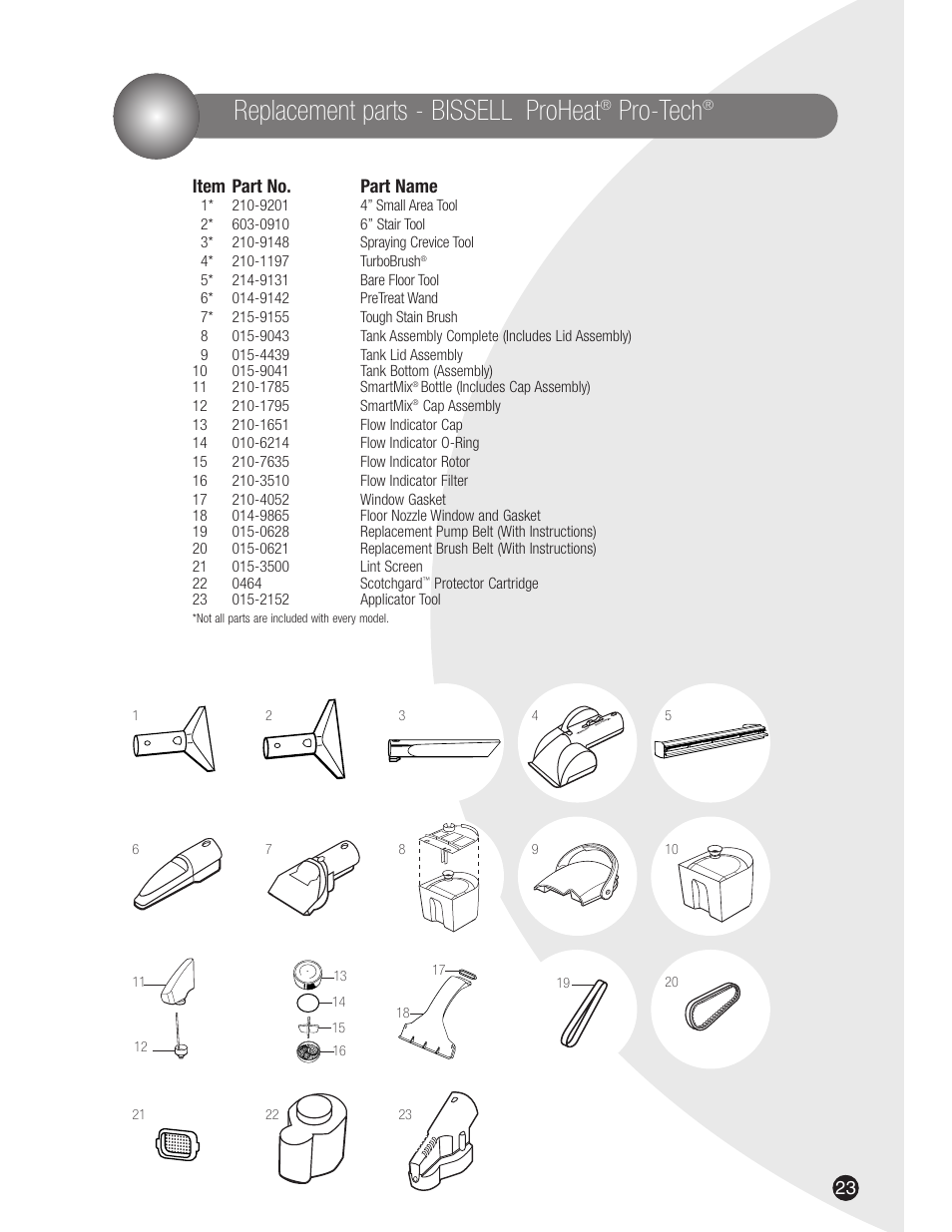 Replacement parts - bissell proheat, Pro-tech, Item part no. part name | Bissell 8915 User Manual | Page 23 / 24