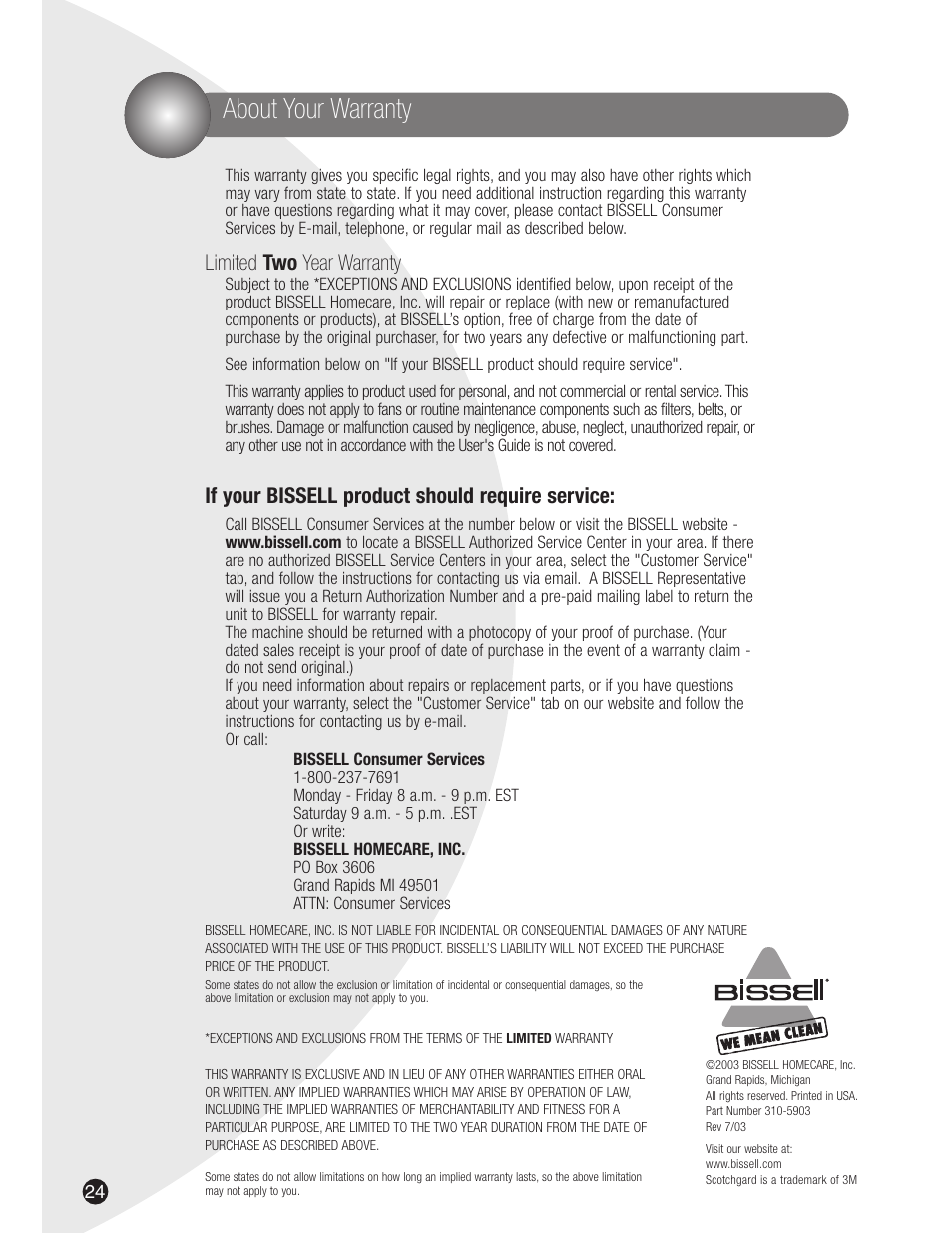 About your warranty, Limited two year warranty, If your bissell product should require service | Bissell 8915 User Manual | Page 24 / 24