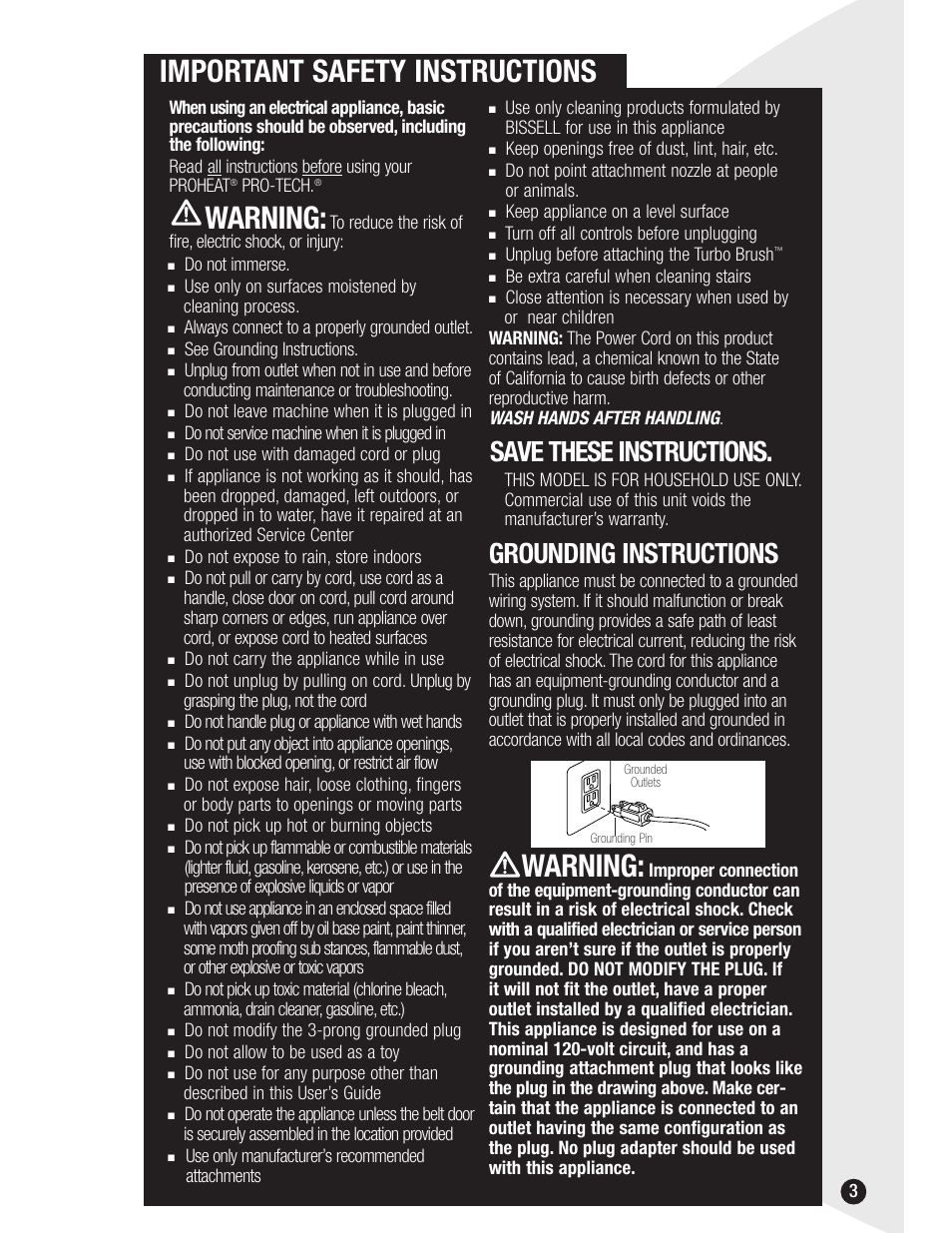Important safety instructions, Warning, Save these instructions | Grounding instructions | Bissell 8915 User Manual | Page 3 / 24