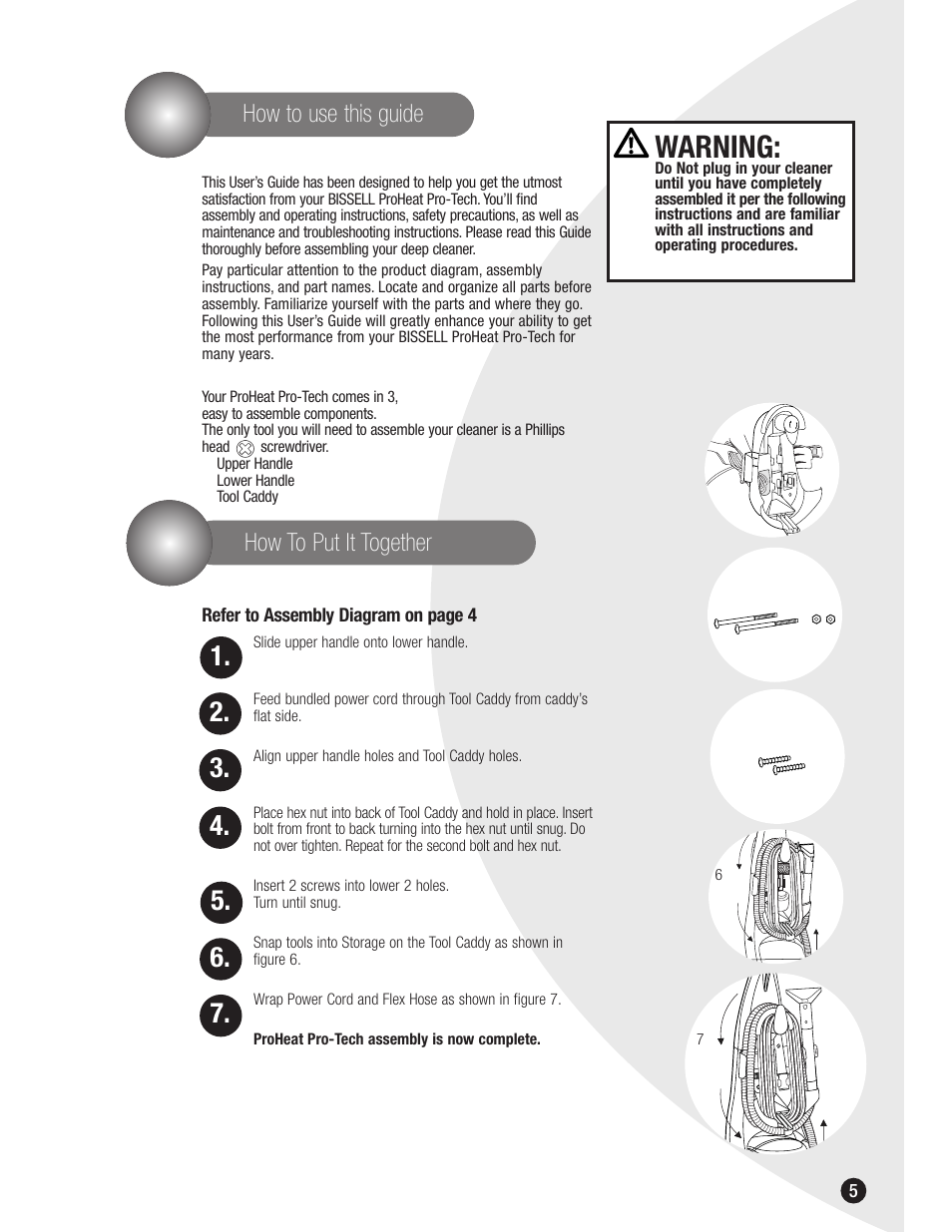 Warning, How to put it together how to use this guide | Bissell 8915 User Manual | Page 5 / 24