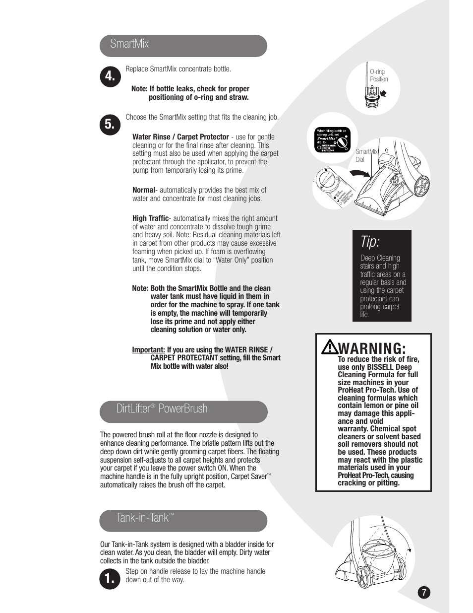 Warning, Smartmix, Dirtlifter | Powerbrush, Tank-in-tank | Bissell 8915 User Manual | Page 7 / 24
