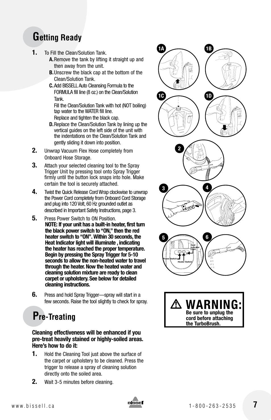 Warning, Etting ready 7, Re-treating | Bissell Auto Care Proheat 1425 series User Manual | Page 7 / 12