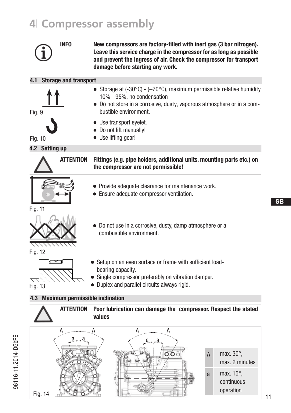 4 | compressor assembly, 1 wasserwaage, D gb f e | 3 maximum permissible inclination | GEA Bock HGX34P 2 pole User Manual | Page 11 / 32