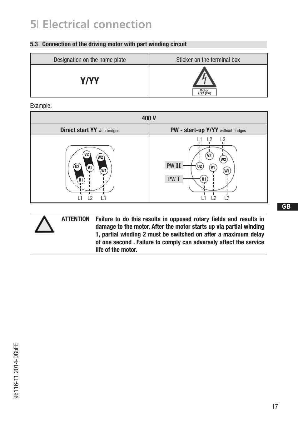 5 | electrical connection, Y/yy, D gb f e | 400 v direct start yy, Pw - start-up y/yy, Example | GEA Bock HGX34P 2 pole User Manual | Page 17 / 32