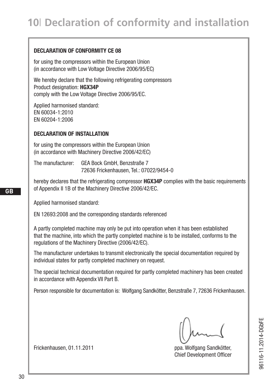 10 | declaration of conformity and installation | GEA Bock HGX34P 2 pole User Manual | Page 30 / 32
