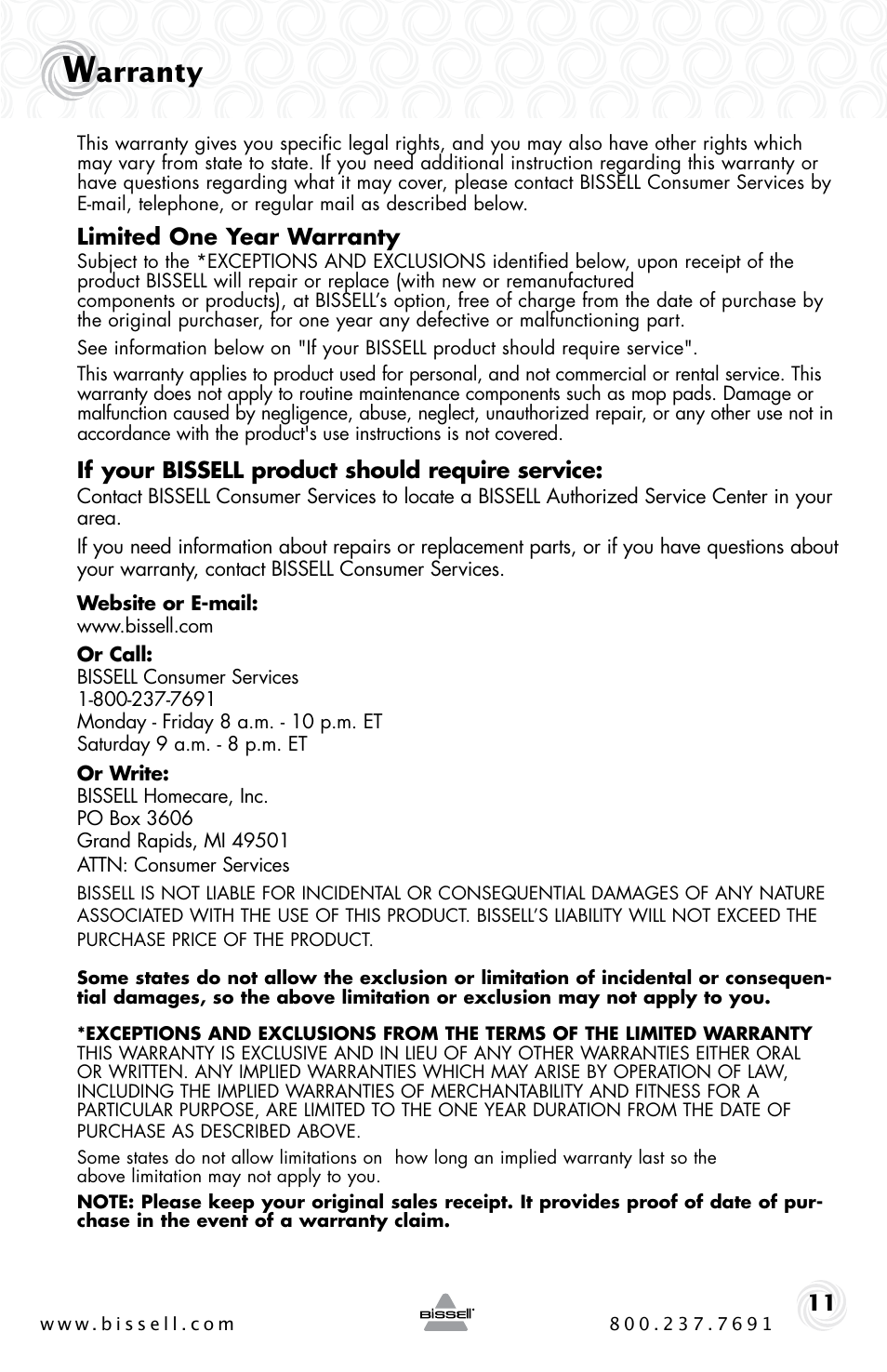 Arranty | Bissell 94E9 User Manual | Page 11 / 12