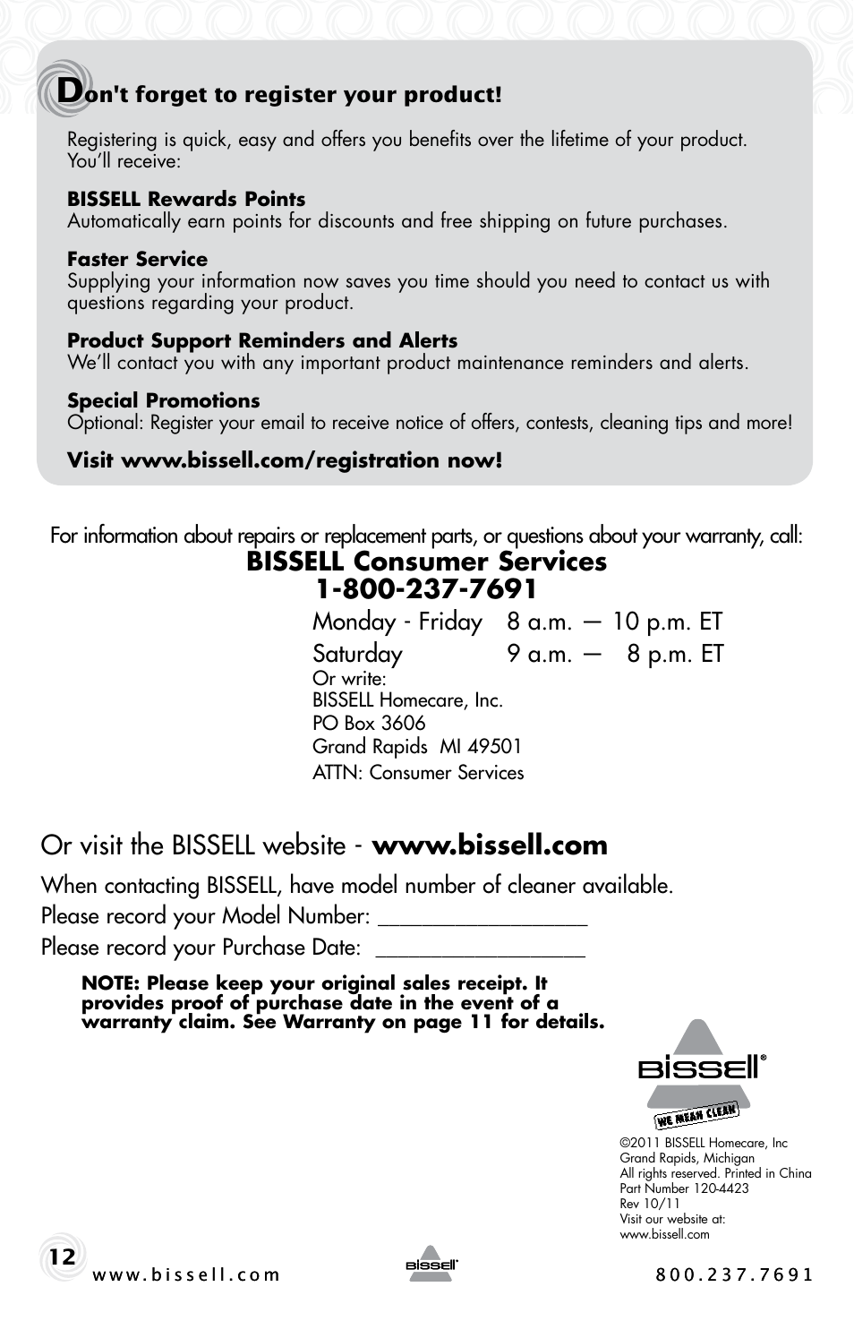 Issell, Consumer services | Bissell 94E9 User Manual | Page 12 / 12