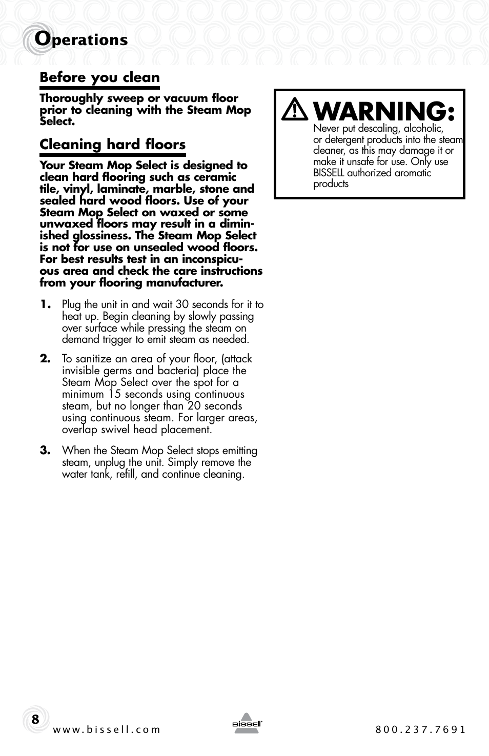 Warning, Perations, Before you clean | Cleaning hard floors | Bissell 94E9 User Manual | Page 8 / 12
