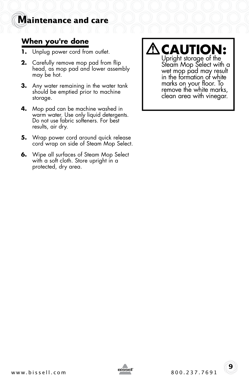 Caution, Aintenance and care | Bissell 94E9 User Manual | Page 9 / 12