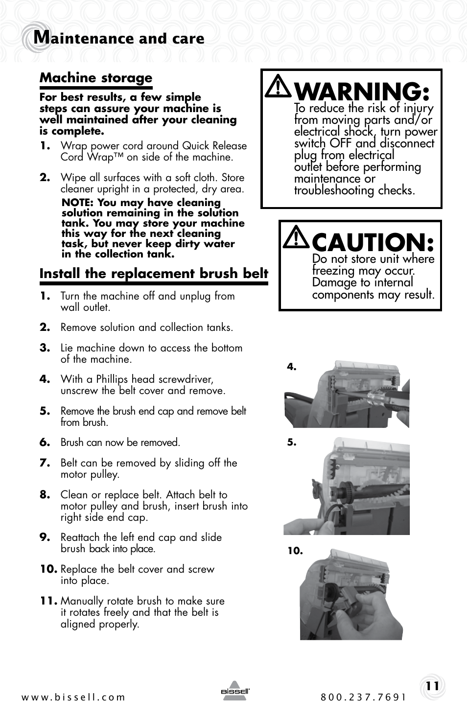 Caution, Warning, Aintenance and care | Bissell 16W5 User Manual | Page 11 / 16