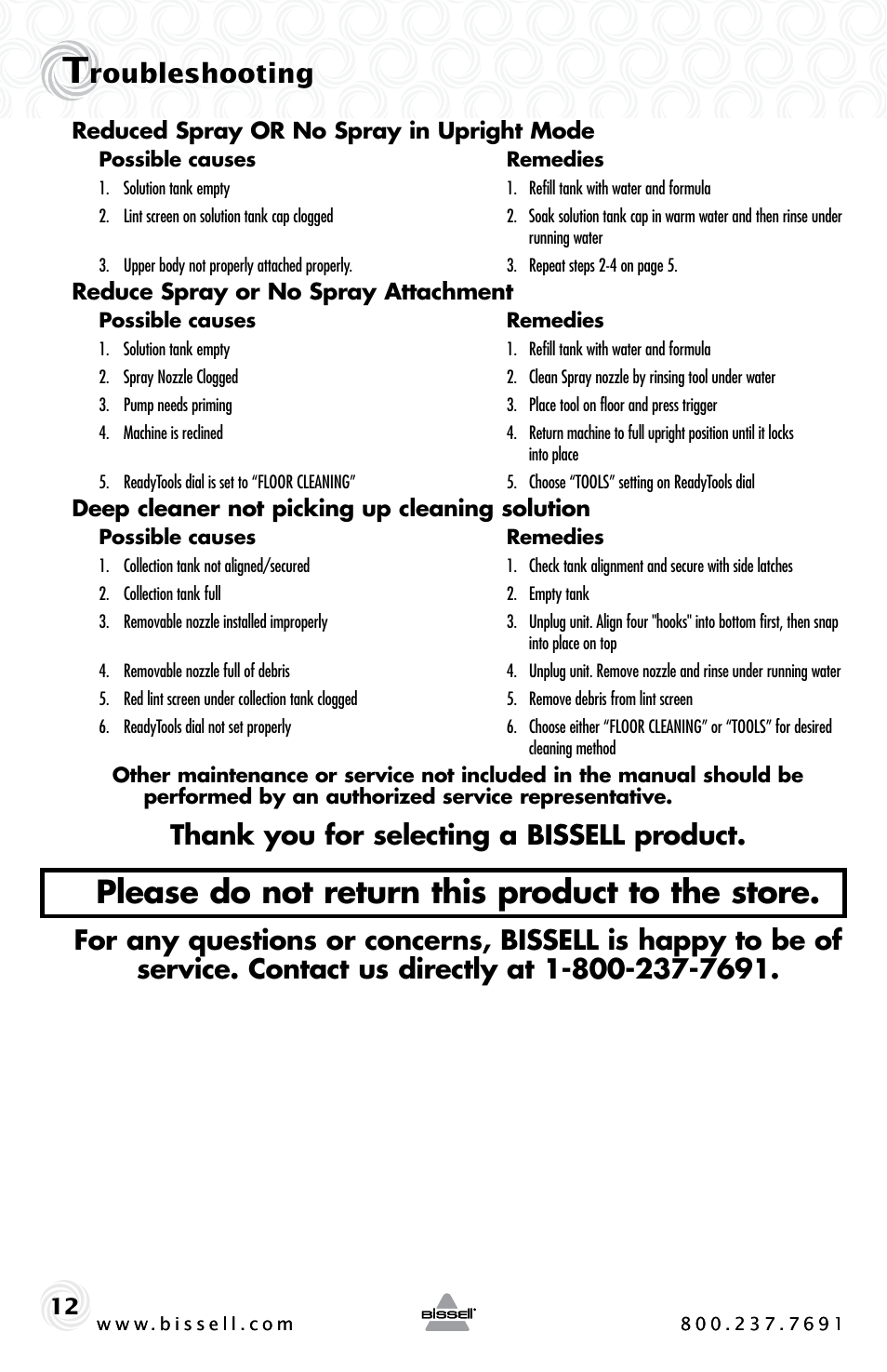 Please do not return this product to the store, Roubleshooting | Bissell 16W5 User Manual | Page 12 / 16
