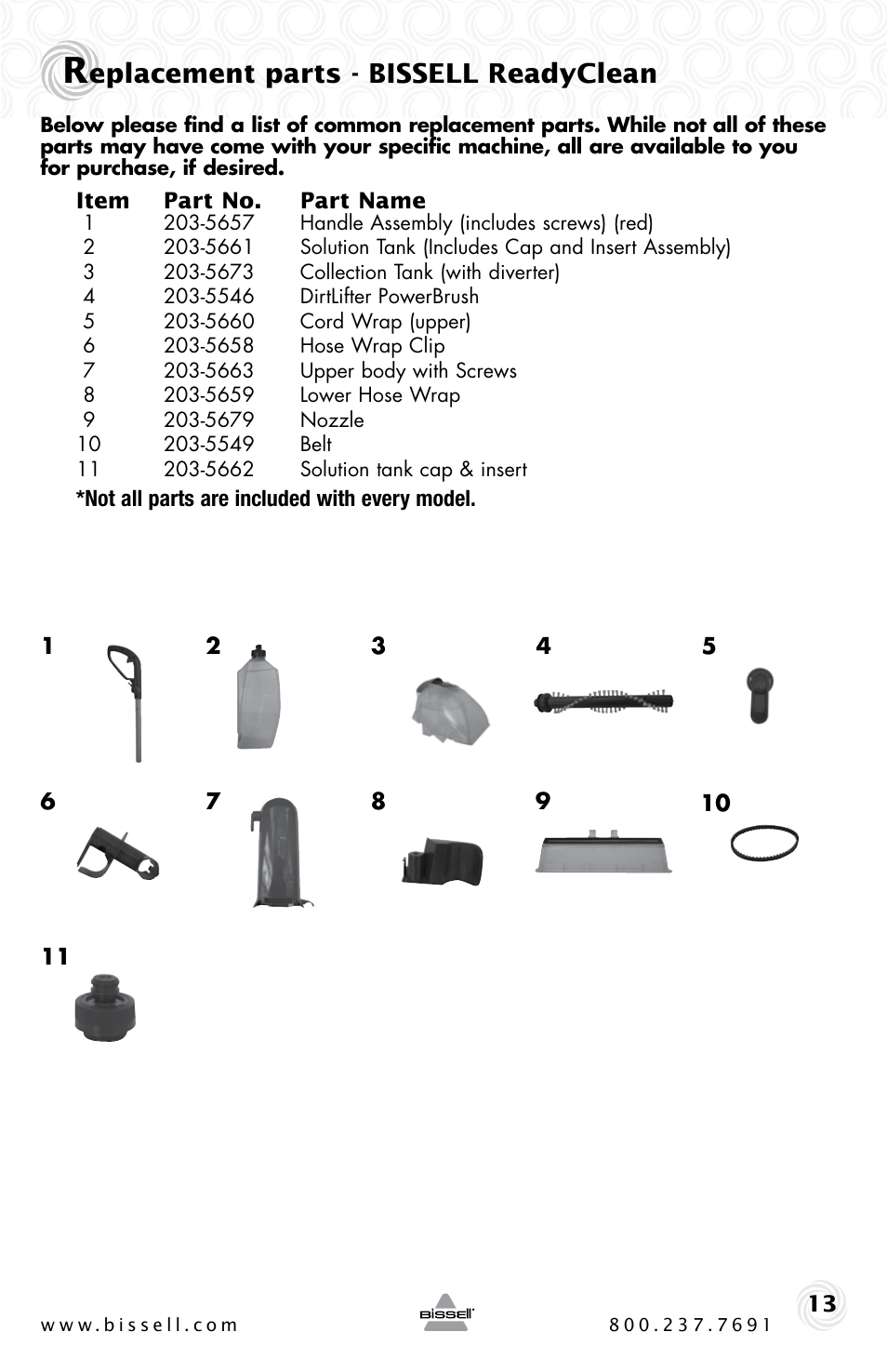 Eplacement parts - bissell readyclean | Bissell 16W5 User Manual | Page 13 / 16