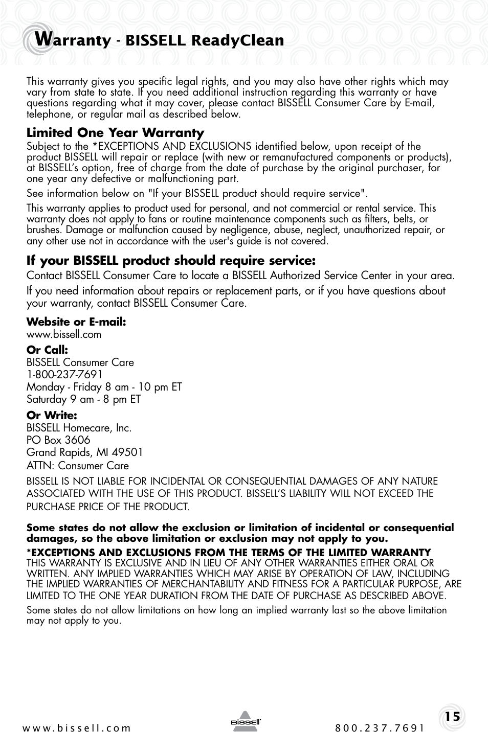 Arranty - bissell readyclean | Bissell 16W5 User Manual | Page 15 / 16