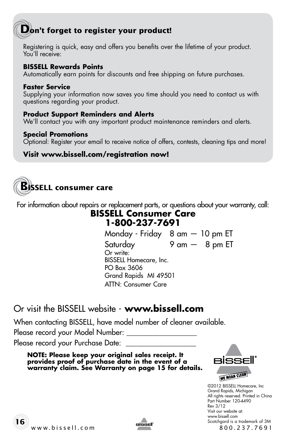 Bissell 16W5 User Manual | Page 16 / 16