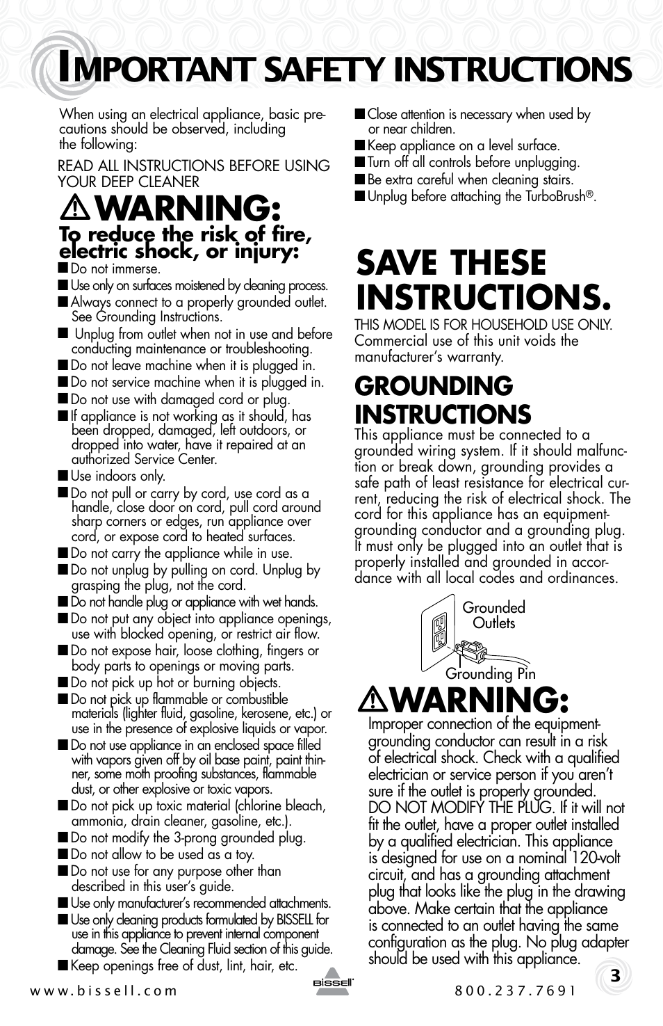 Mportant safety instructions, Warning, Save these instructions | Grounding instructions | Bissell 16W5 User Manual | Page 3 / 16