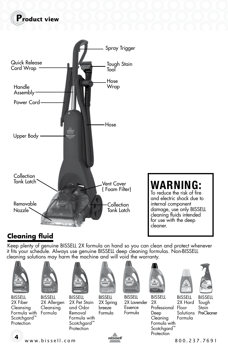 Warning, Cleaning fluid, Roduct view | Bissell 16W5 User Manual | Page 4 / 16