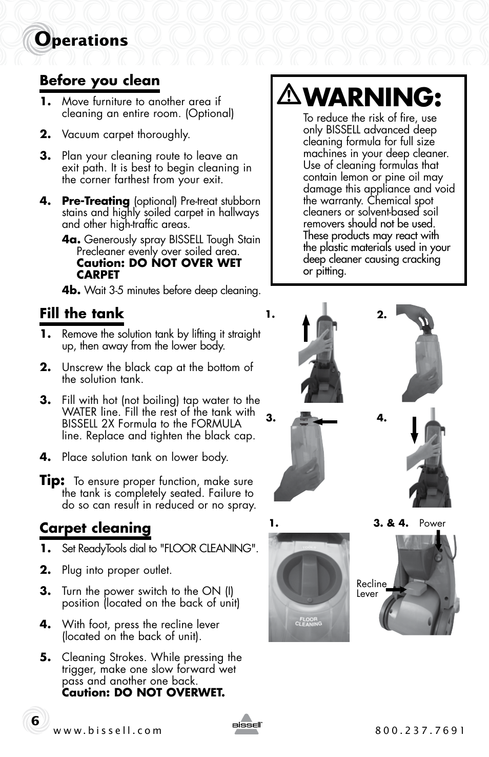 Warning, Perations, Before you clean | Fill the tank, Carpet cleaning | Bissell 16W5 User Manual | Page 6 / 16