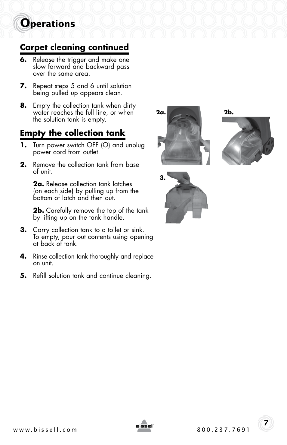 Perations, Carpet cleaning continued, Empty the collection tank | Bissell 16W5 User Manual | Page 7 / 16
