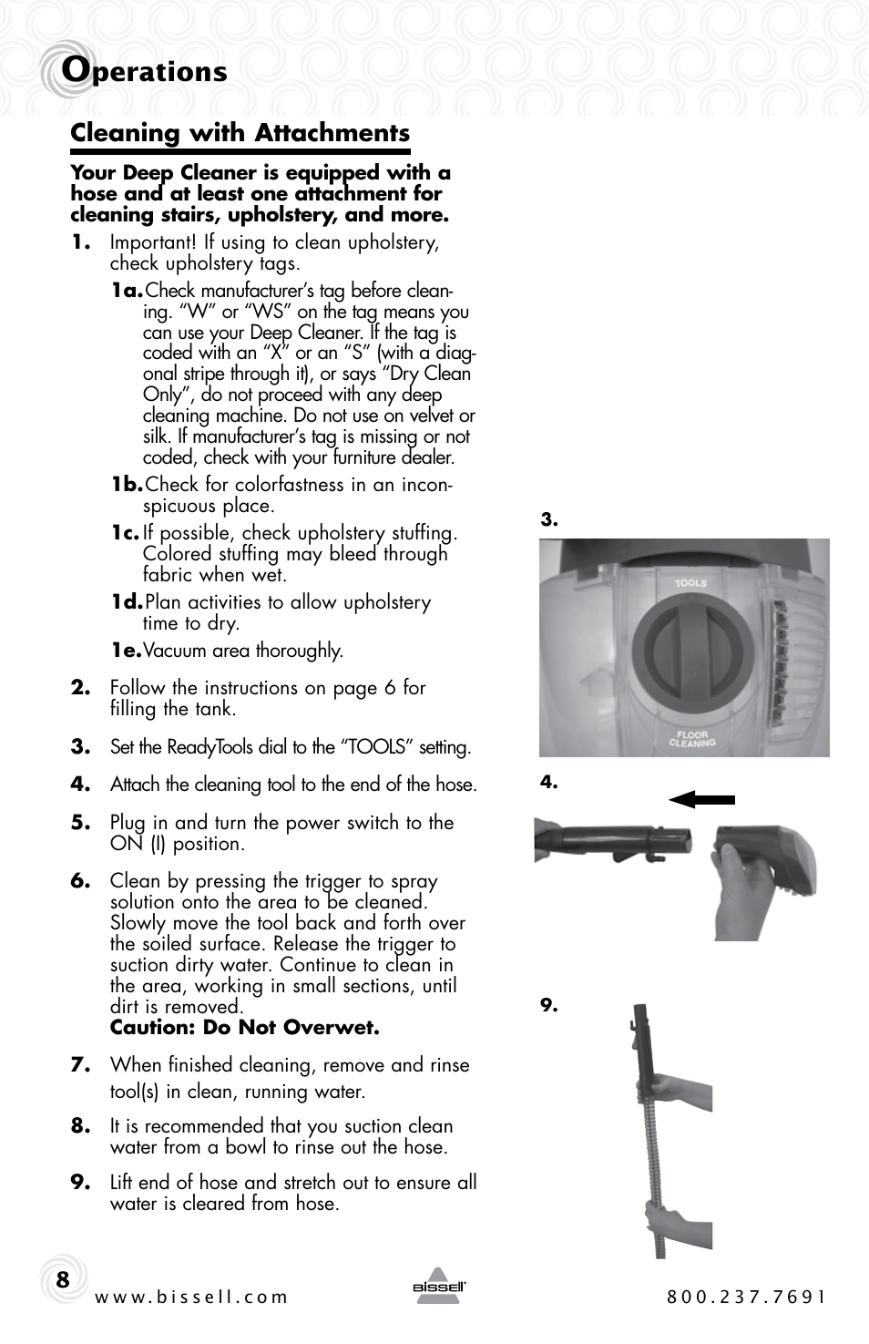 Perations, Cleaning with attachments | Bissell 16W5 User Manual | Page 8 / 16