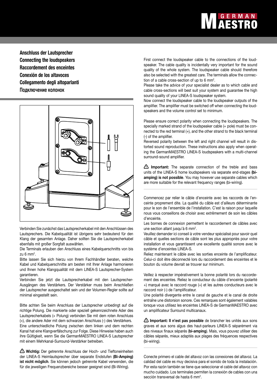 Conexión de los altavoces, Collegamento degli altoparlanti, Подключение колонок | GermanMAESTRO LINEA-S Loudspeaker User Manual | Page 5 / 8