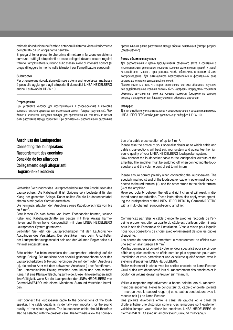 Conexión de los altavoces, Collegamento degli altoparlanti, Подключение колонок | GermanMAESTRO LINEA-Heidelberg Loudspeaker User Manual | Page 3 / 6