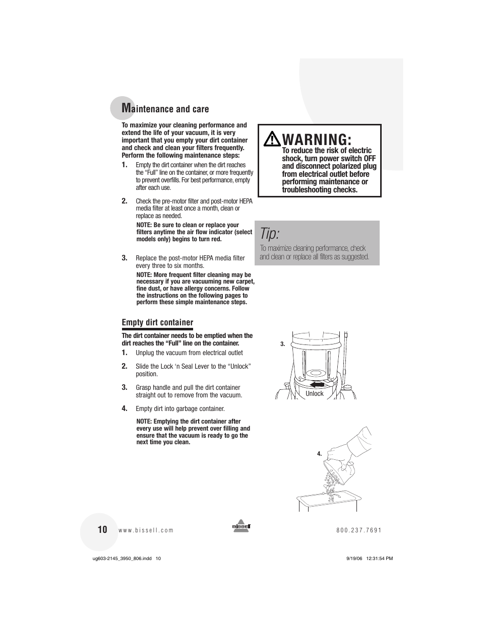 Warning | Bissell 3950 User Manual | Page 10 / 20