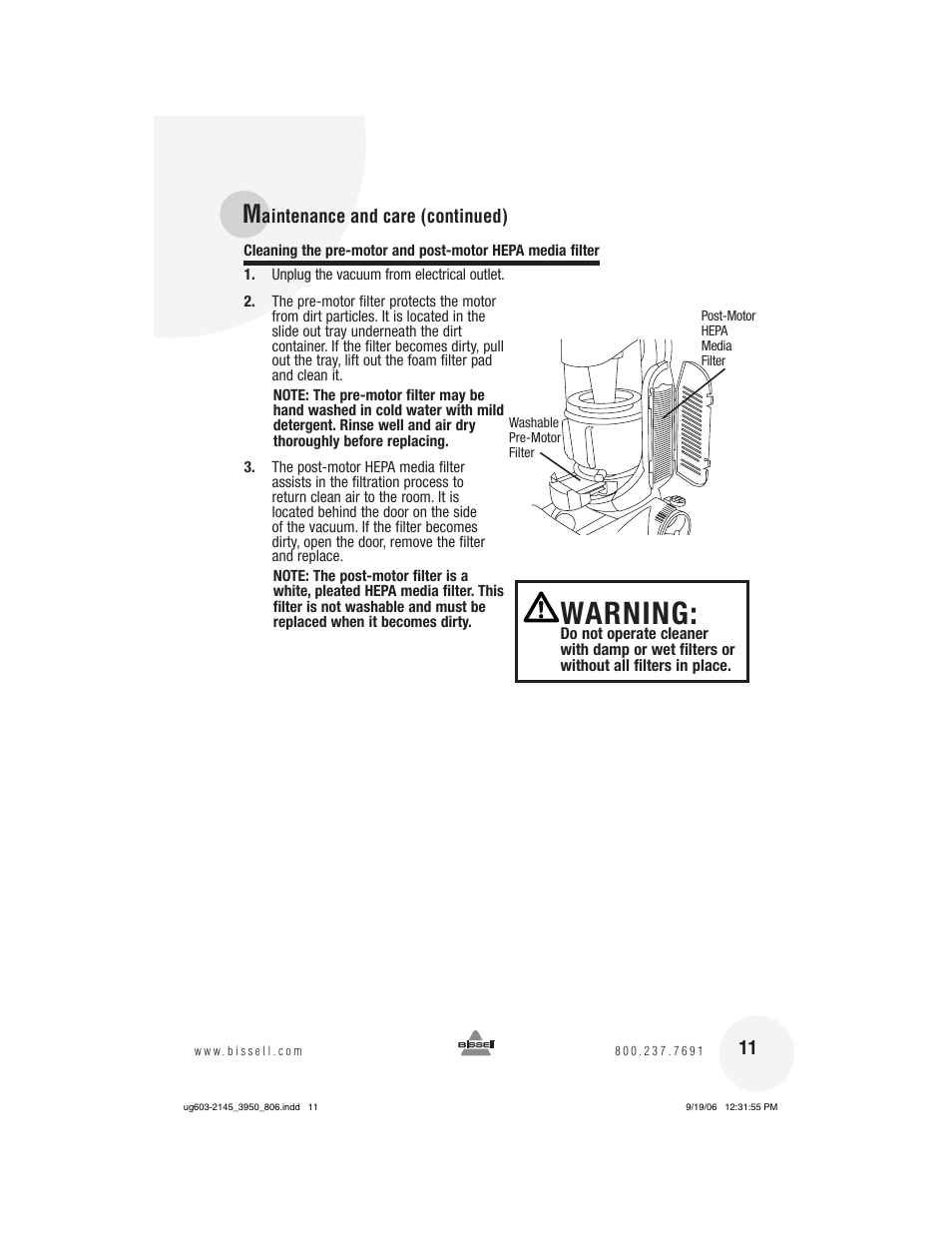 Warning | Bissell 3950 User Manual | Page 11 / 20