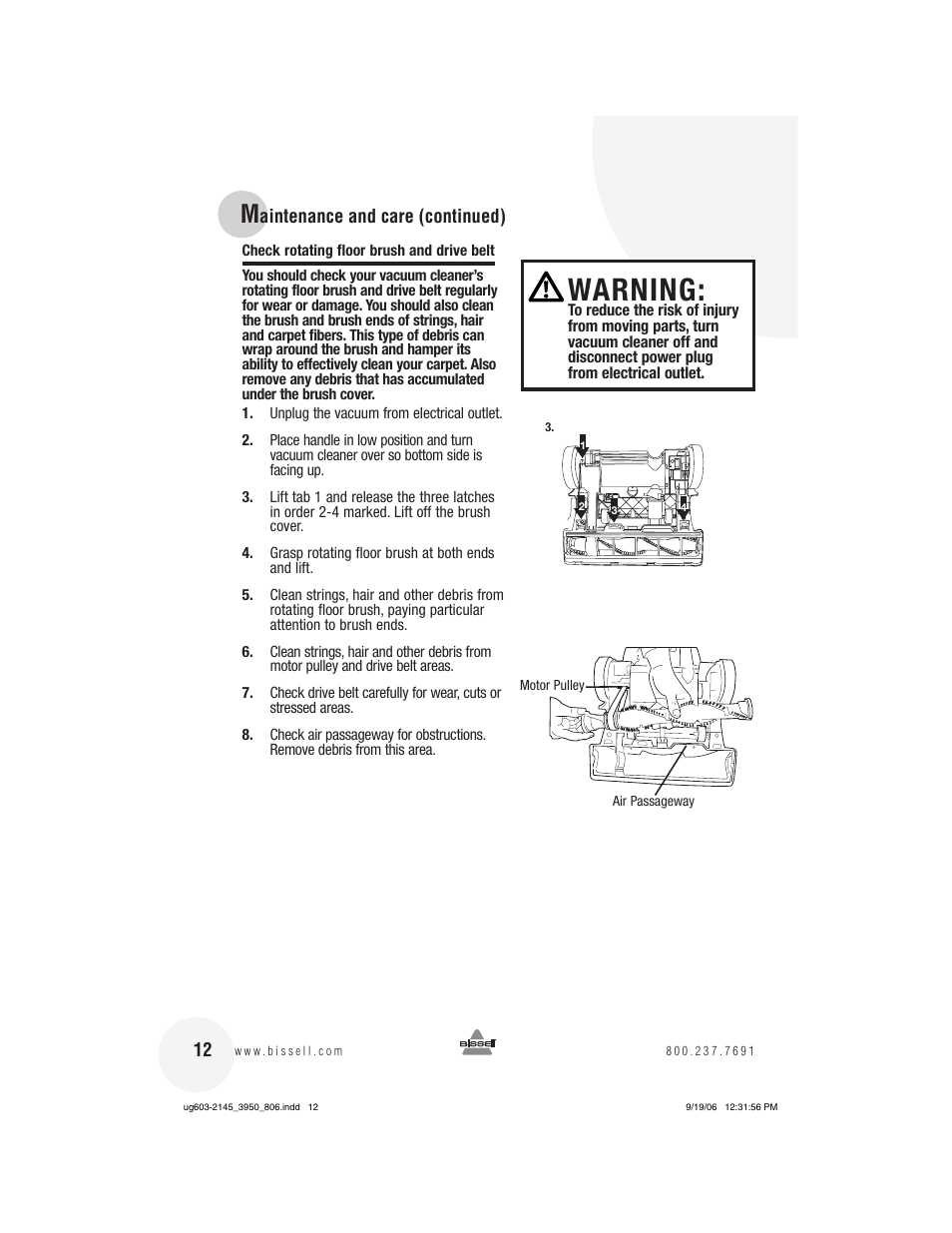 Warning, Aintenance and care (continued) 12 | Bissell 3950 User Manual | Page 12 / 20