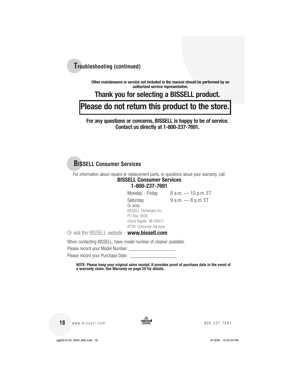 Please do not return this product to the store | Bissell 3950 User Manual | Page 18 / 20