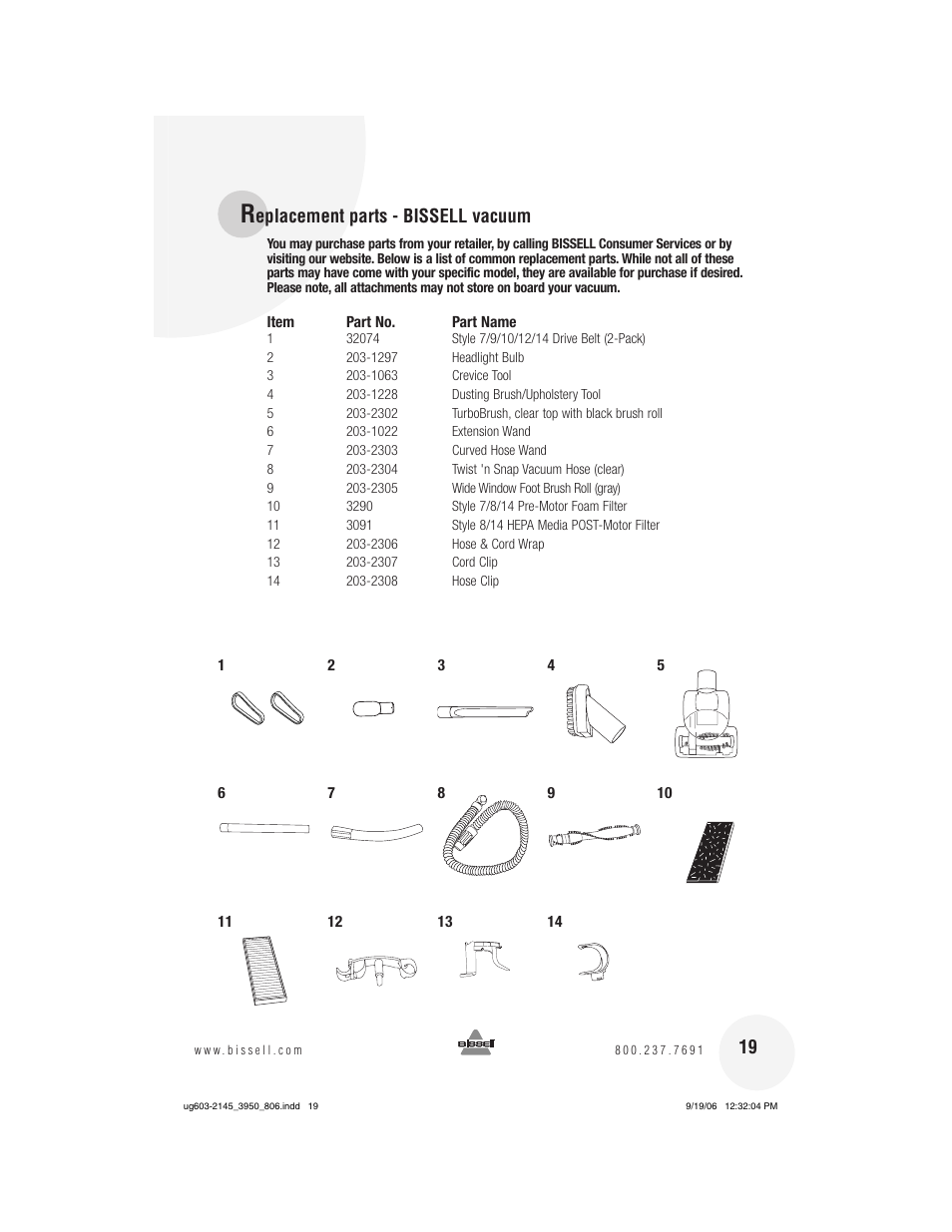 Eplacement parts - bissell vacuum | Bissell 3950 User Manual | Page 19 / 20