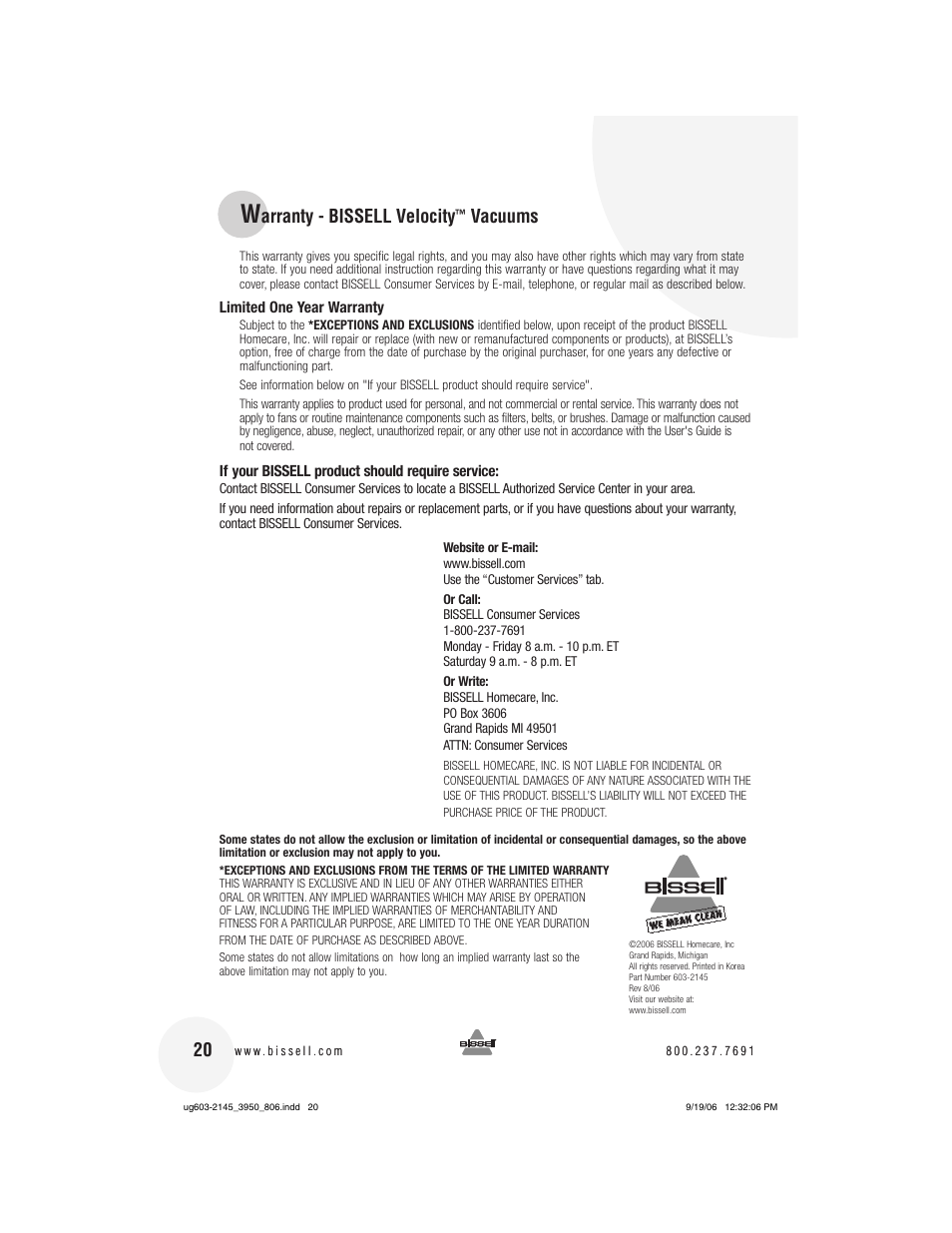 Arranty - bissell velocity, Vacuums | Bissell 3950 User Manual | Page 20 / 20
