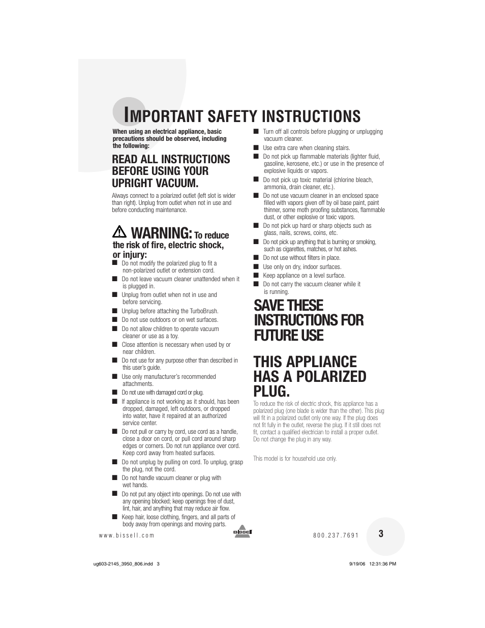 Mportant safety instructions, Warning | Bissell 3950 User Manual | Page 3 / 20