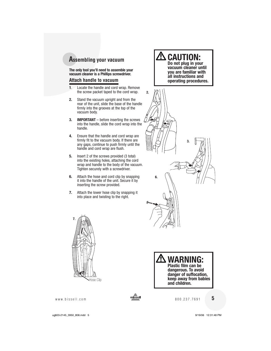 Caution, Warning | Bissell 3950 User Manual | Page 5 / 20