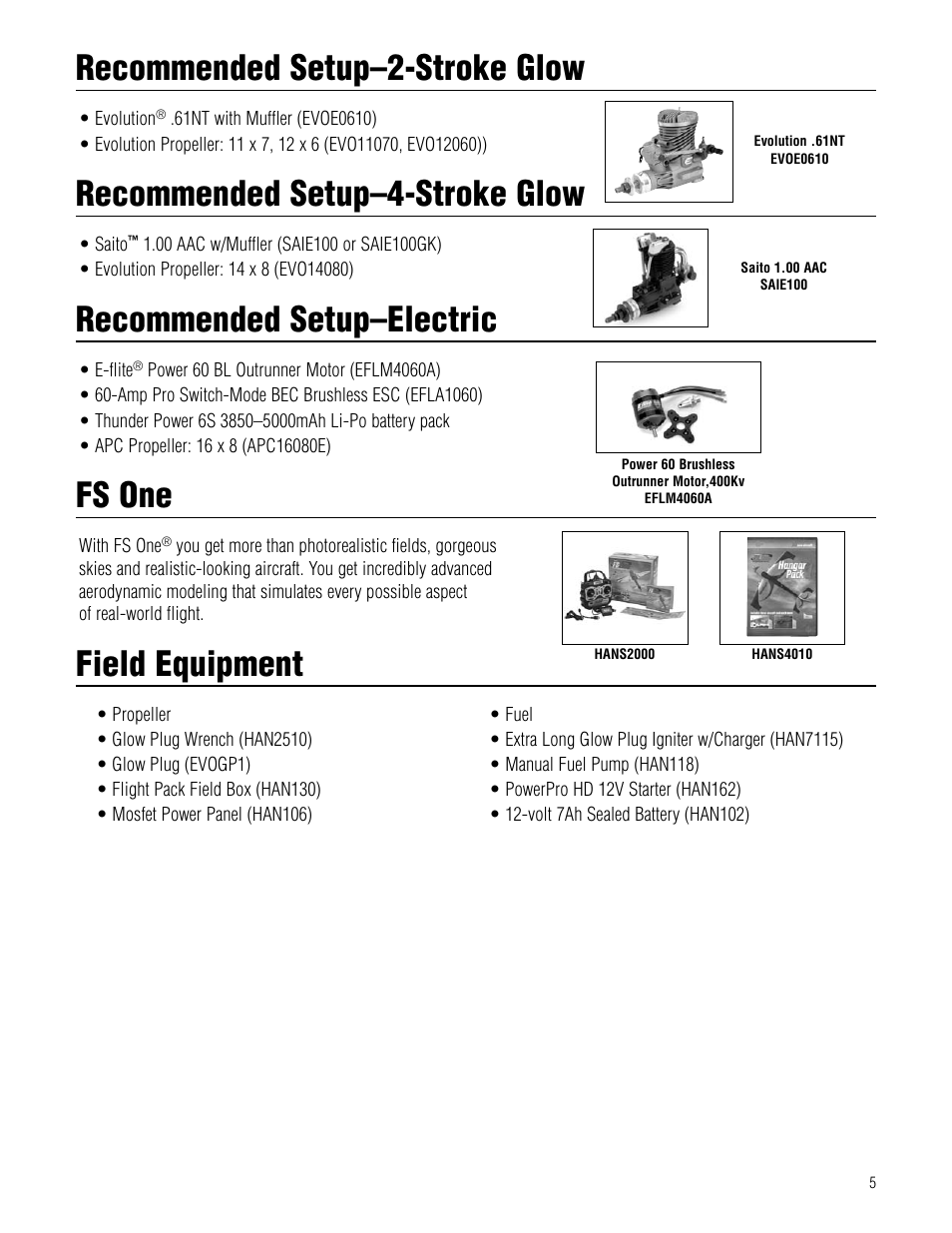 Recommended setup–2-stroke glow, Recommended setup–4-stroke glow, Recommended setup–electric | Fs one, Field equipment | Hangar 9 Pulse XT 60 ARF User Manual | Page 5 / 48