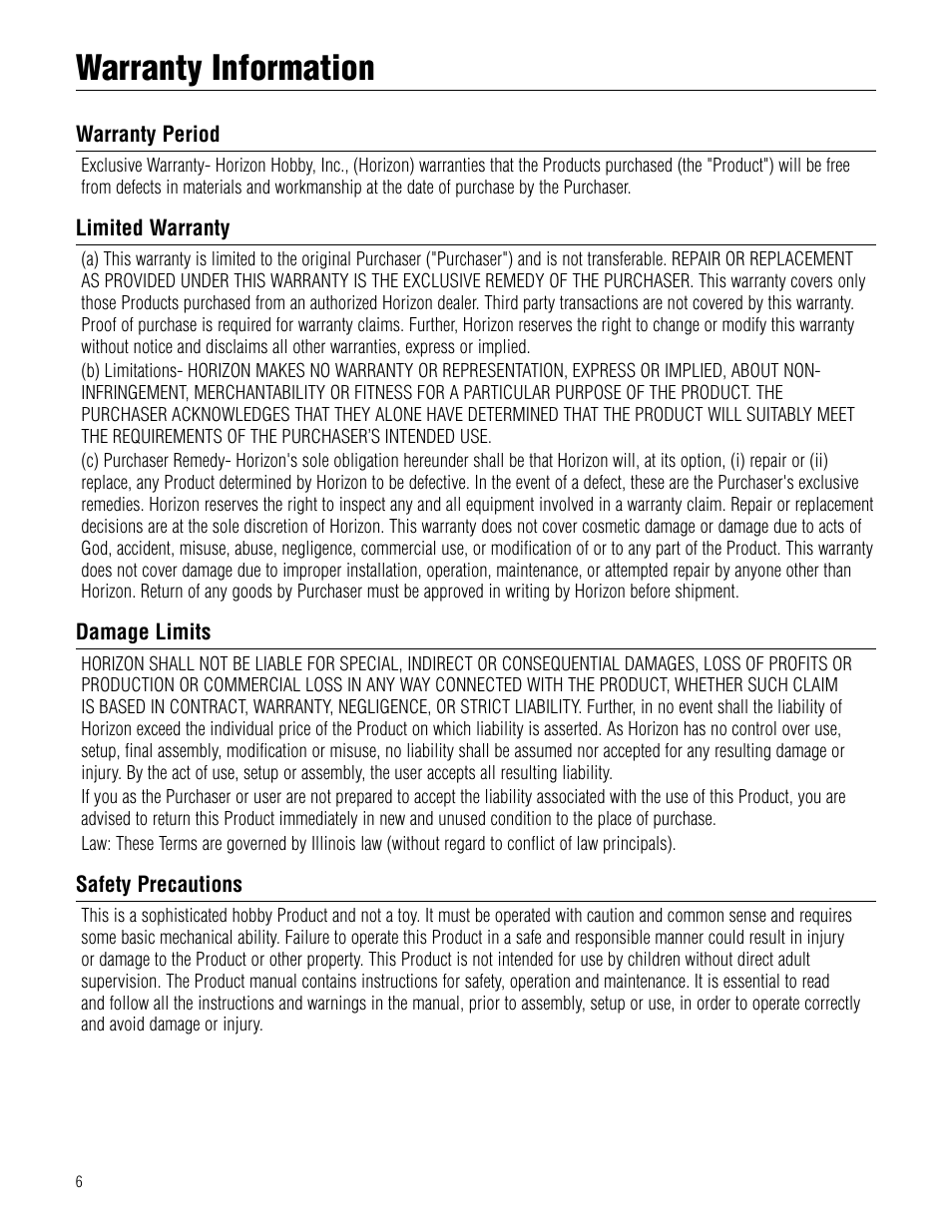 Warranty information | Hangar 9 Pulse XT 60 ARF User Manual | Page 6 / 48