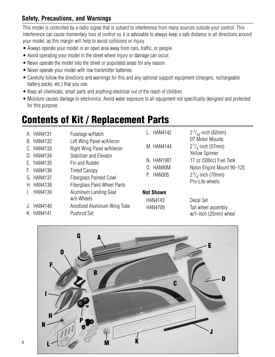 Contents of kit / replacement parts | Hangar 9 Pulse XT 60 ARF User Manual | Page 8 / 48