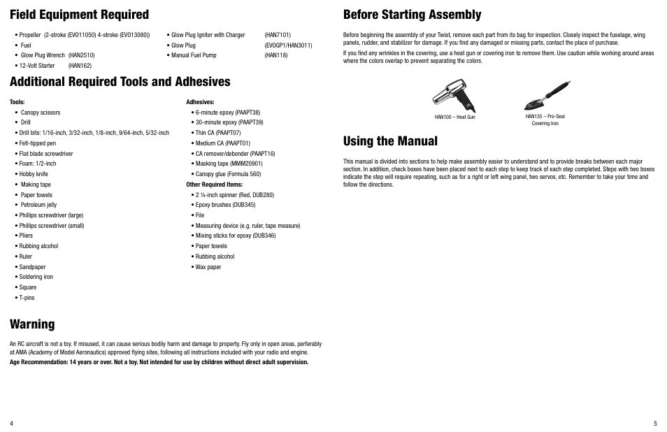 Field equipment required, Additional required tools and adhesives, Warning | Before starting assembly, Using the manual | Hangar 9 Twist 40 ARF Version 2 User Manual | Page 3 / 18