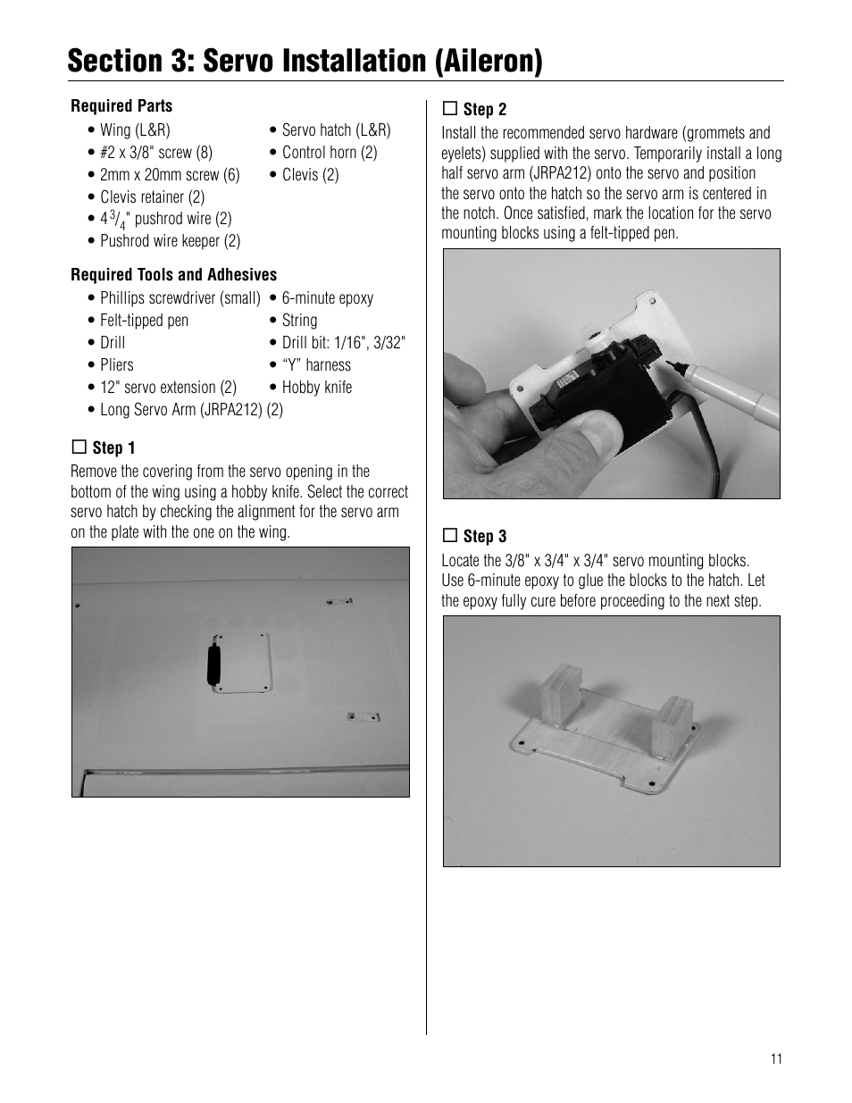 Section 3: servo installation (aileron) | Hangar 9 Piper J-3 Cub 40 ARF User Manual | Page 11 / 36