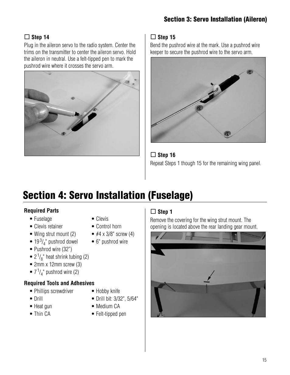 Section 4: servo installation (fuselage) | Hangar 9 Piper J-3 Cub 40 ARF User Manual | Page 15 / 36