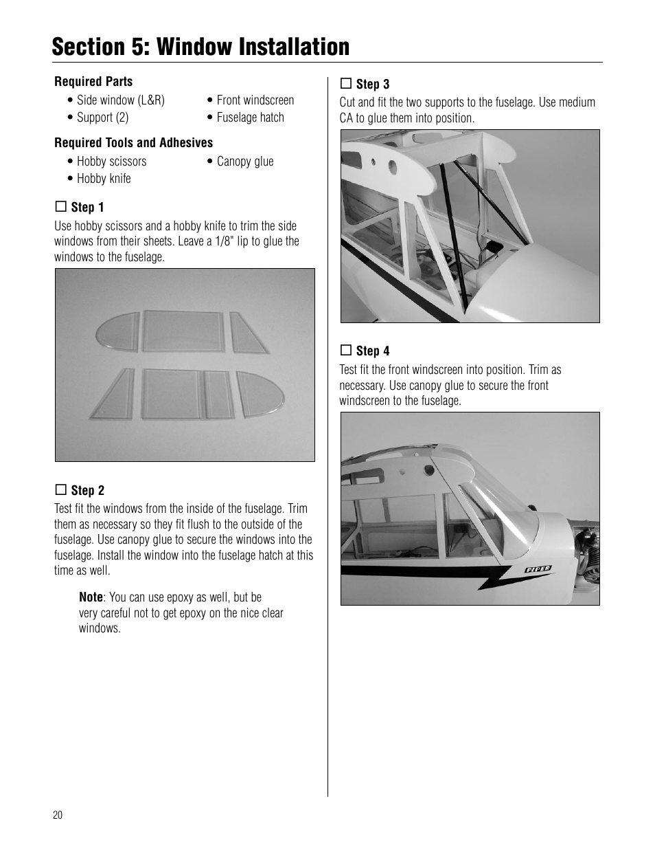 Section 5: window installation | Hangar 9 Piper J-3 Cub 40 ARF User Manual | Page 20 / 36