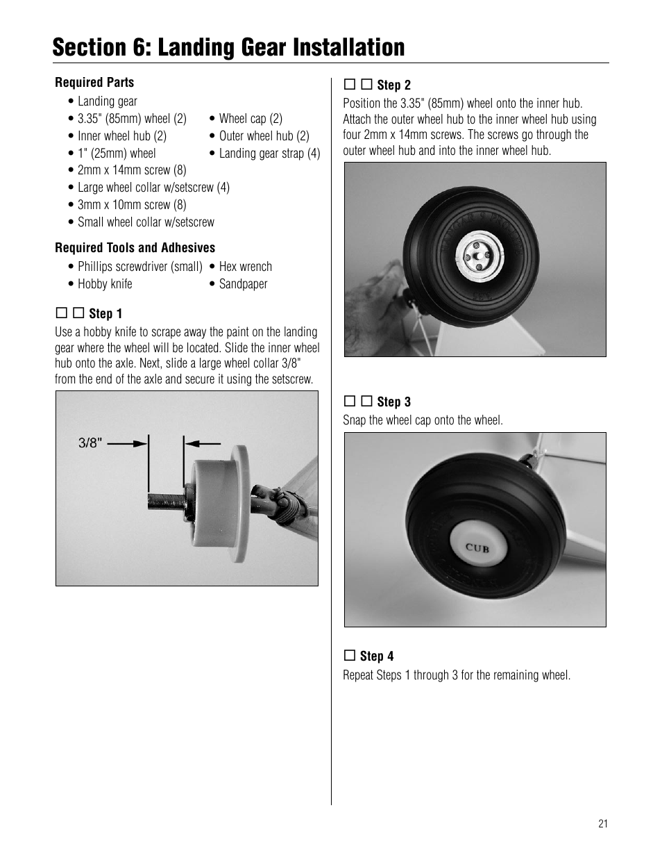 Section 6: landing gear installation | Hangar 9 Piper J-3 Cub 40 ARF User Manual | Page 21 / 36