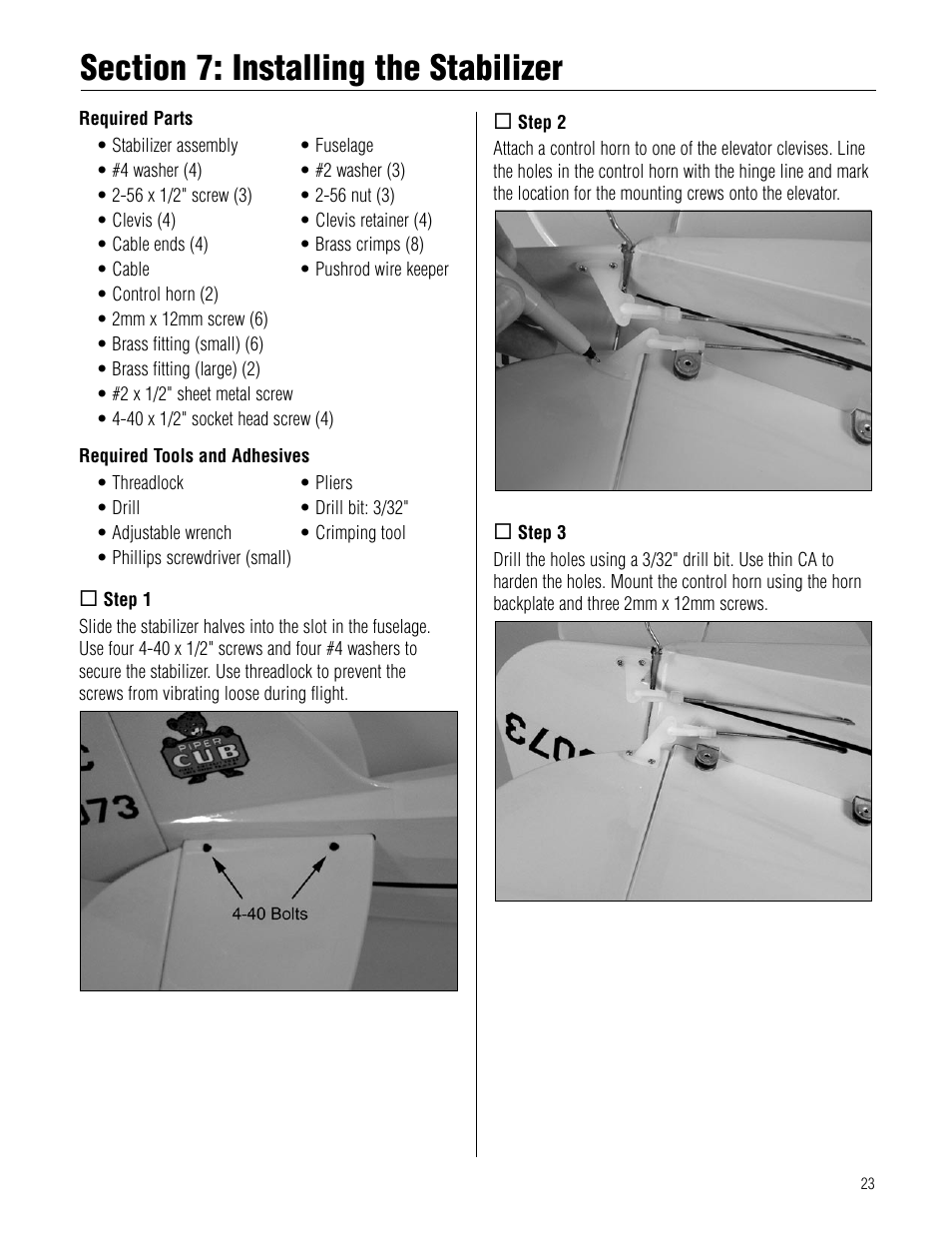 Section 7: installing the stabilizer | Hangar 9 Piper J-3 Cub 40 ARF User Manual | Page 23 / 36