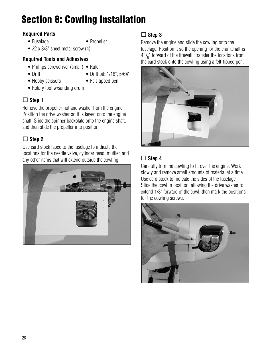 Section 8: cowling installation | Hangar 9 Piper J-3 Cub 40 ARF User Manual | Page 26 / 36