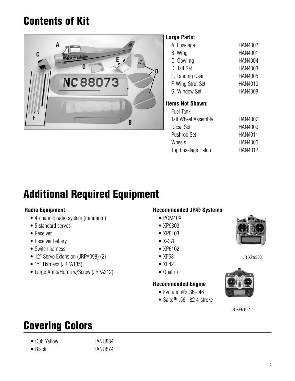 Contents of kit, Additional required equipment, Covering colors | Hangar 9 Piper J-3 Cub 40 ARF User Manual | Page 3 / 36