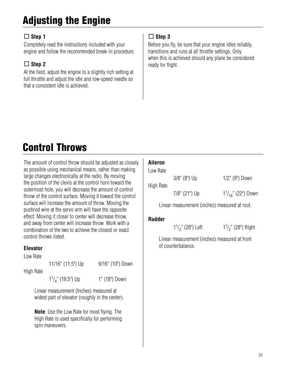 Adjusting the engine, Control throws, Adjusting the engine control throws | Hangar 9 Piper J-3 Cub 40 ARF User Manual | Page 31 / 36